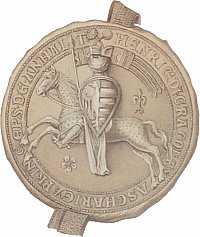 Siegel des Grafen Heinrich II. von Aschersleben, Frst zu Anhalt, von einer auf Burg Anhalt ausgestellten Urkunde aus dem Jahr 1263 (CdA 2, Nr. 281).